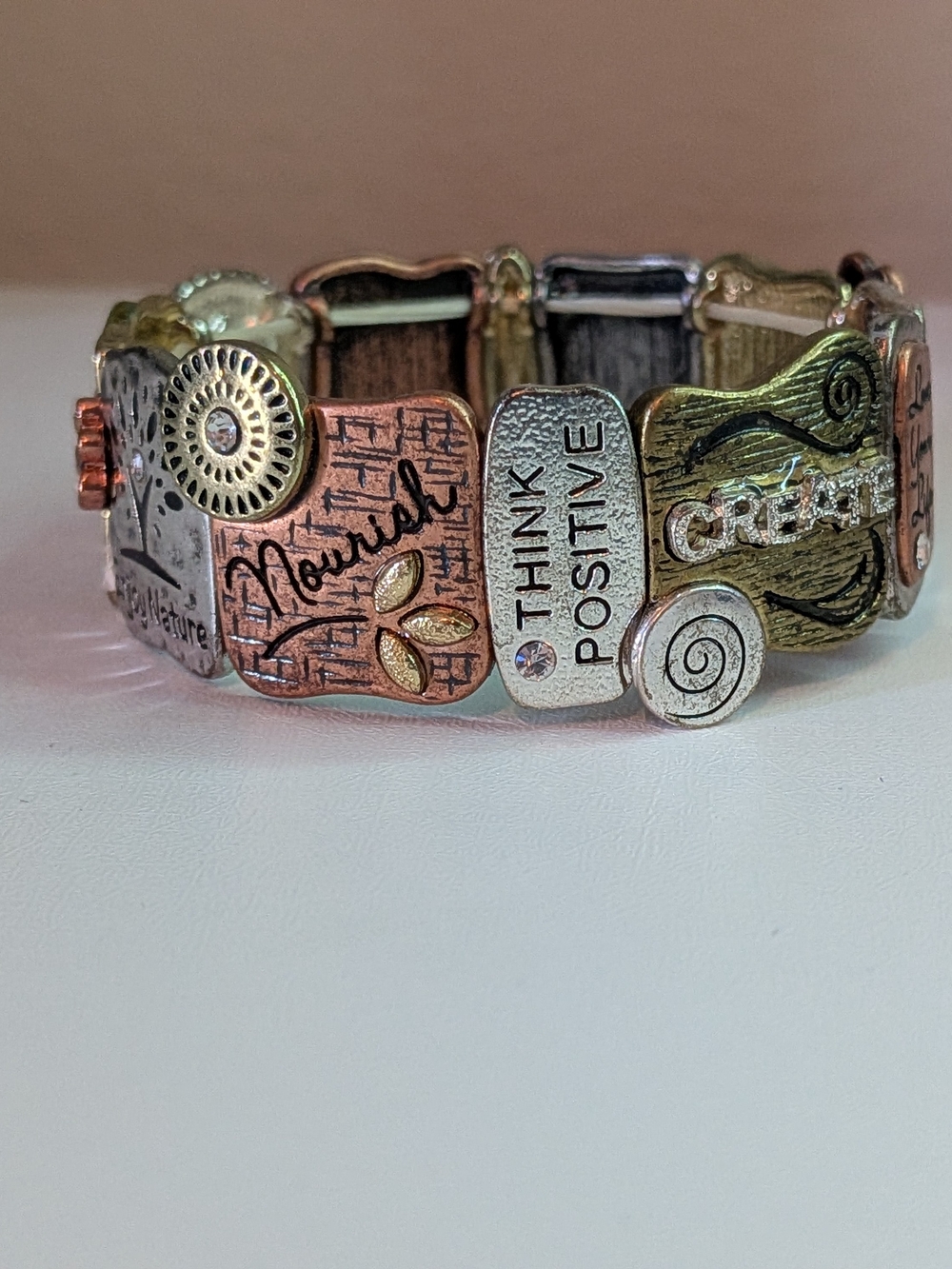 Mixed Metal Inspirational Stretch Bracelet in Copper, Silver & Gold Tones